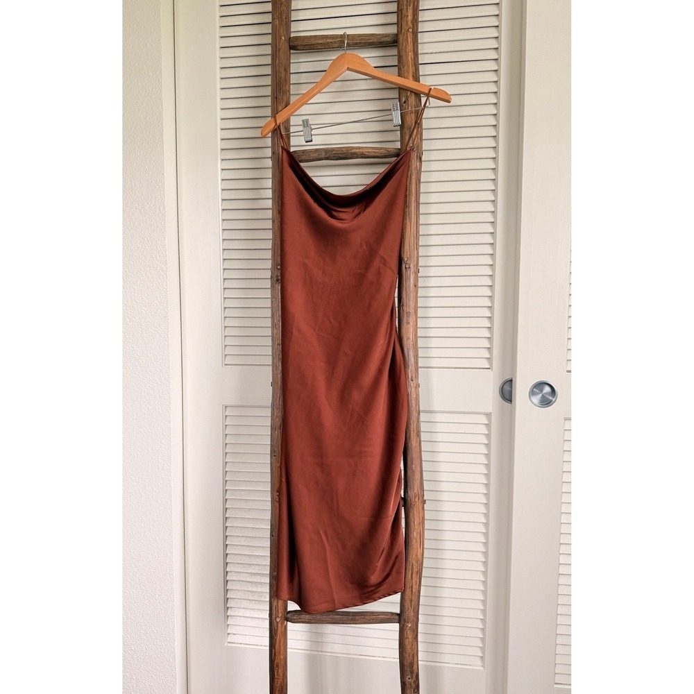 Ever B Rust Copper Satin Cowl Neck Midi Slip Dress Open Back Small
